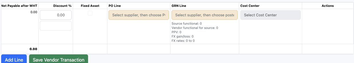 Illustrative training screen: Vendor invoice line grid Invoice source matching metrics cost center and actions
