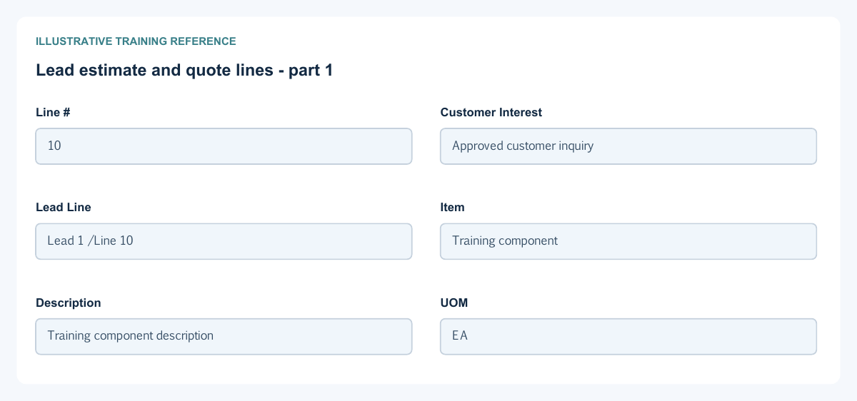 Illustrative training reference: Lead estimate and quote lines