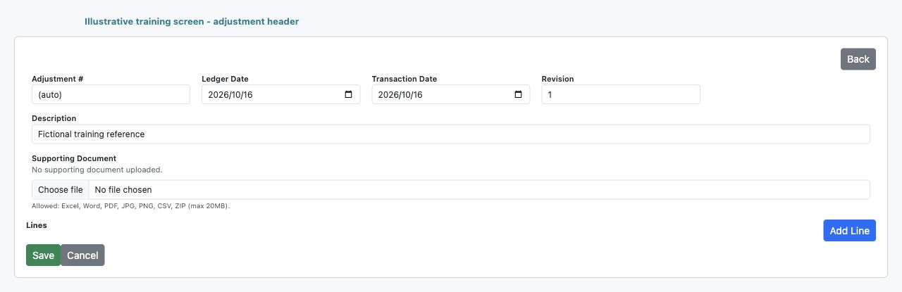 Illustrative training screen: Inventory adjustment header