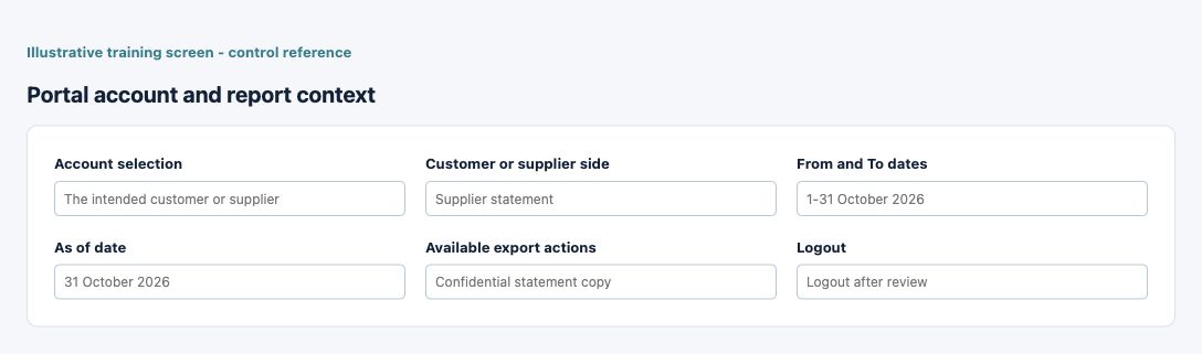 Illustrative training screen: Portal account and report context