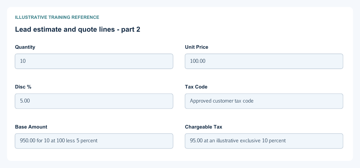 Illustrative training reference: Lead estimate and quote lines Lead estimate and quote lines continued