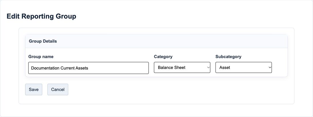 Figure 1. Illustrative training screen: Reporting Group with Balance Sheet and Asset selected.