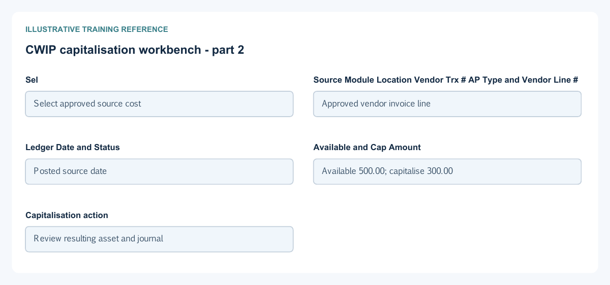 Illustrative training reference: CWIP capitalisation workbench CWIP capitalisation workbench continued