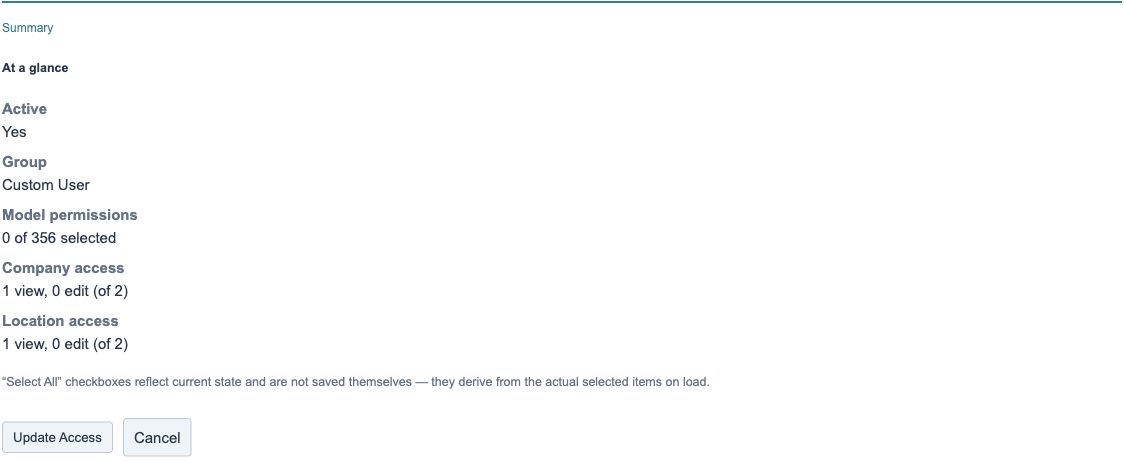 Figure 7. Illustrative training screen: Summary and access actions. The example has zero module permissions and one company/location View grant.