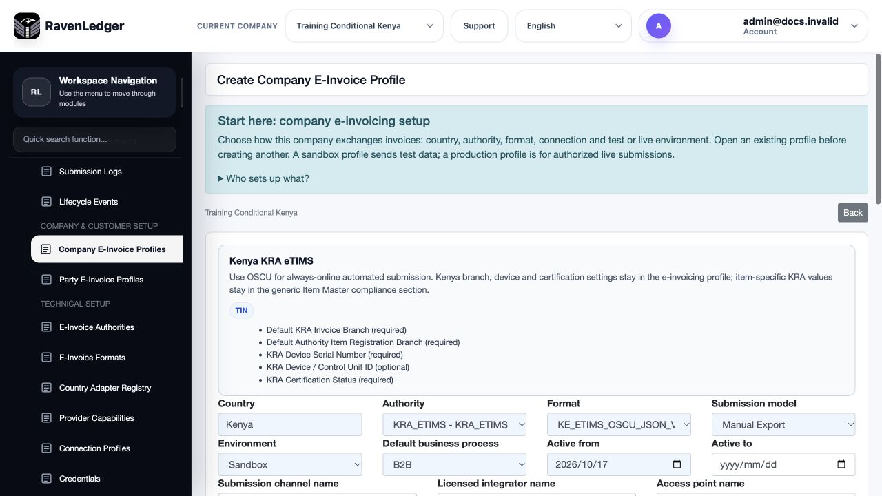 Kenya company e-invoice profile showing the KRA eTIMS route Manual Export and Sandbox
