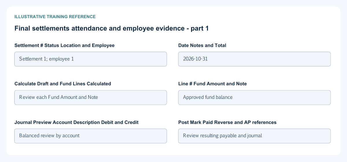 Illustrative training reference: Final settlements attendance and employee evidence