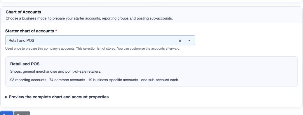 Figure 4. Retail and POS selected, its 93-account summary, the preview disclosure, and Save and Cancel.