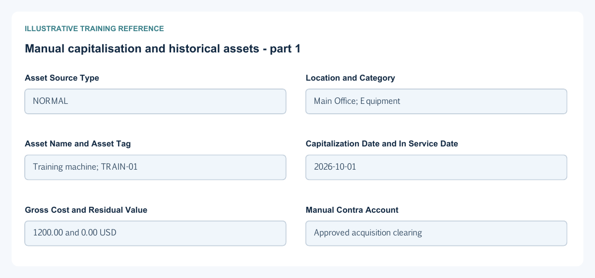 Illustrative training reference: Manual capitalisation and historical assets