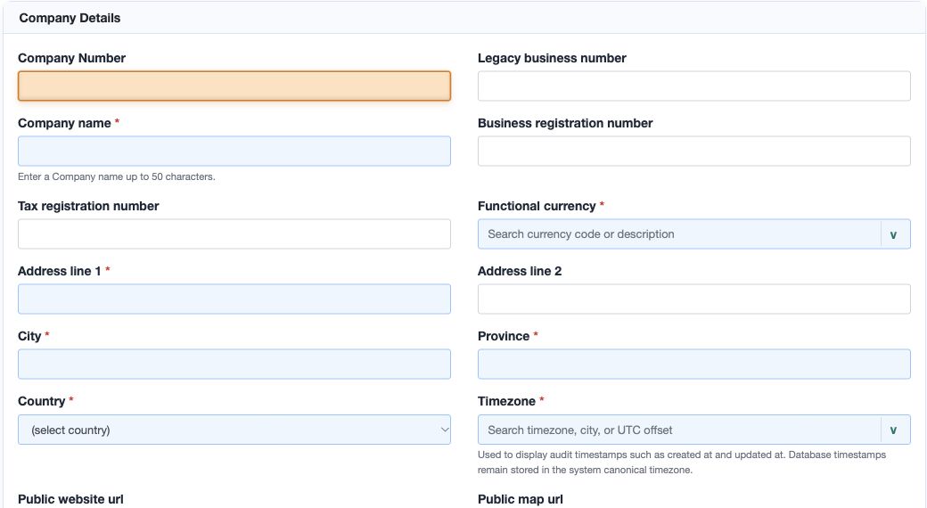 Figure 1. Company Number through Country and Timezone on the blank company form.