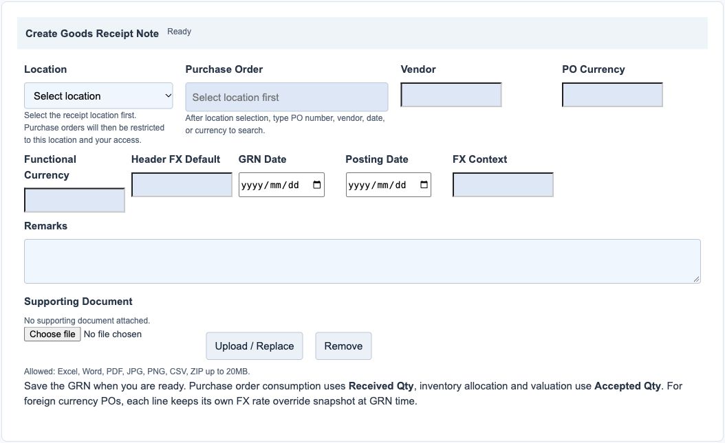 Illustrative training screen: Goods receipt header