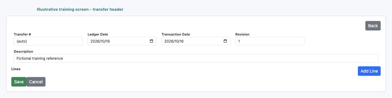 Illustrative training screen: Inventory transfer header