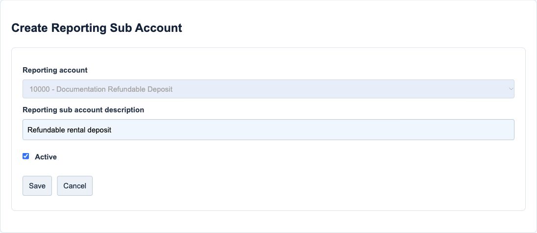 Figure 5. Illustrative training screen: an existing rental deposit sub-account with its parent Reporting Account locked.