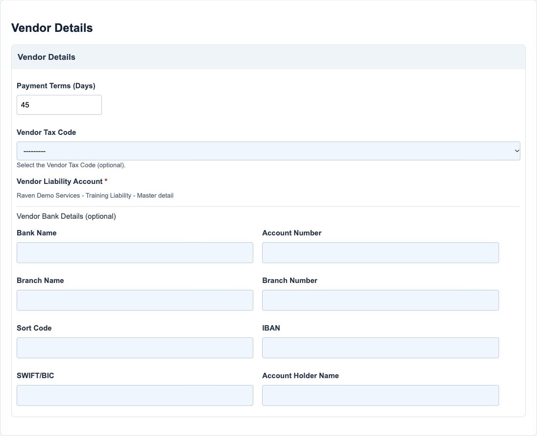 Illustrative training screen: Vendor defaults and banking