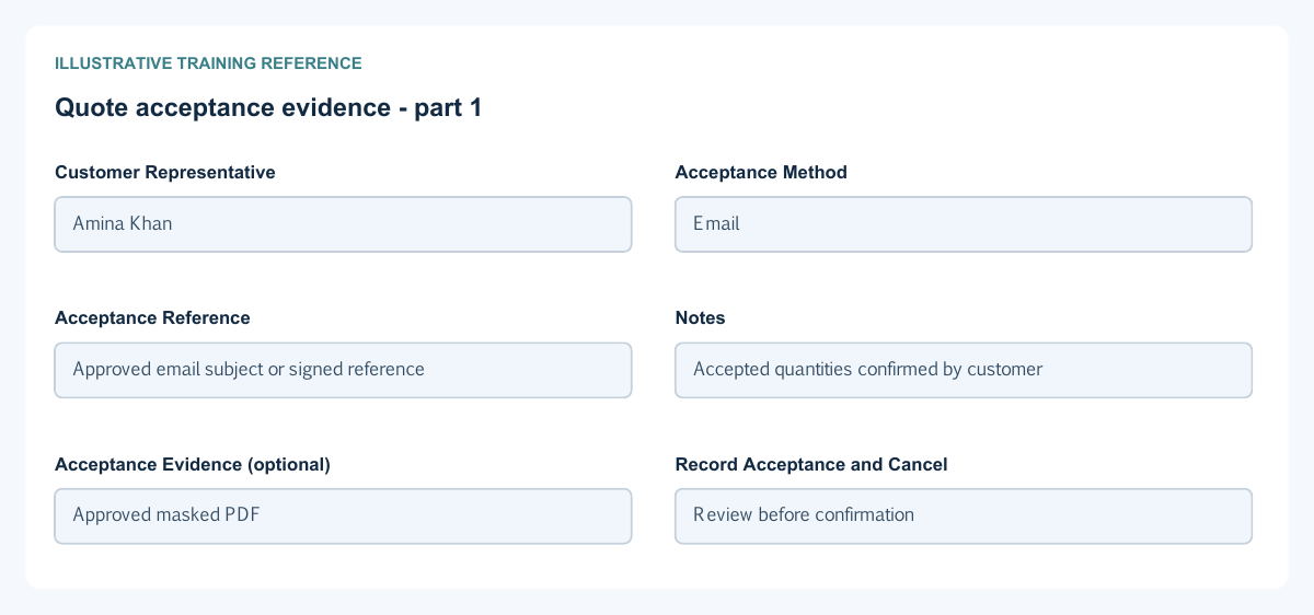 Illustrative training reference: Quote acceptance evidence