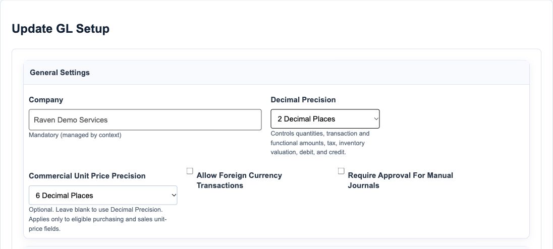 GL Setup general settings for a synthetic company