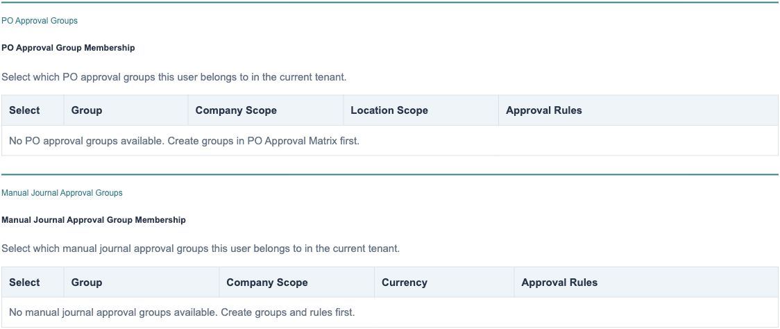 Figure 6. Illustrative training screen: approval-group tabs with no configured rows.