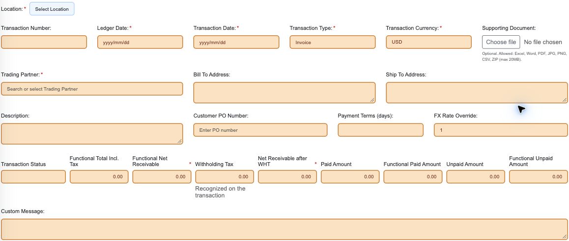 Figure 1. Blank customer transaction header: location, dates, partner, addresses, currency, references, message and calculated totals.