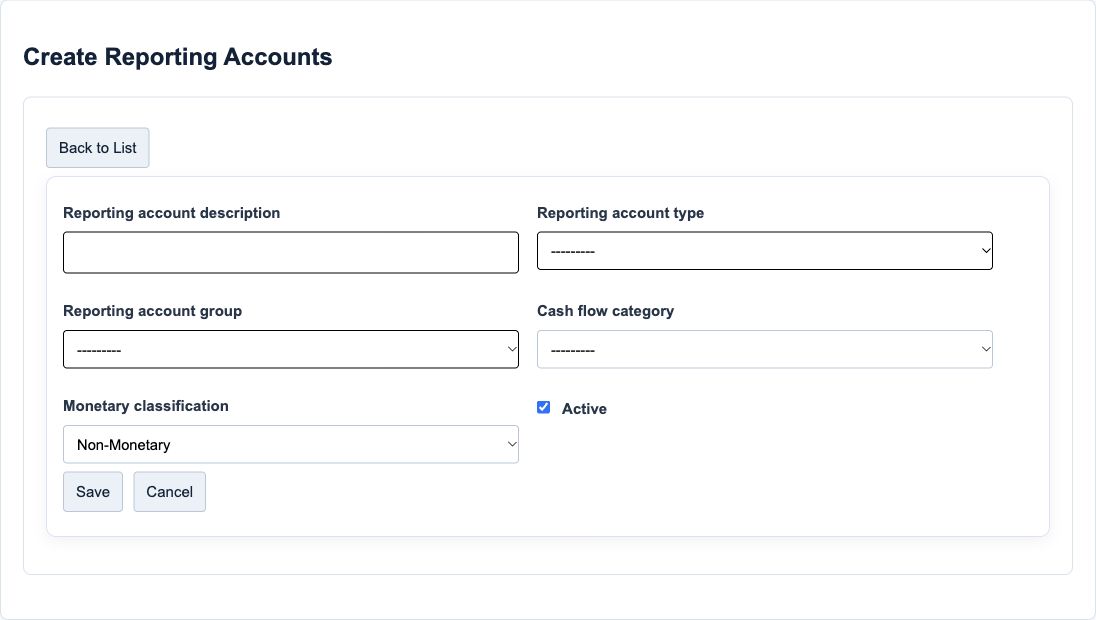 Figure 2. Illustrative training screen: the six Reporting Account fields, including Non-Monetary and Active defaults.