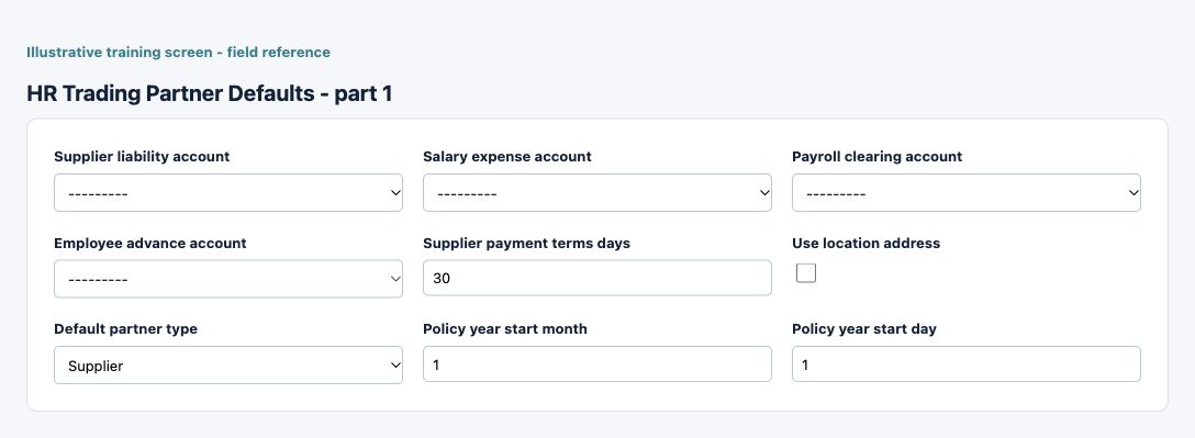 Illustrative training screen: HRMS accounting and policy defaults