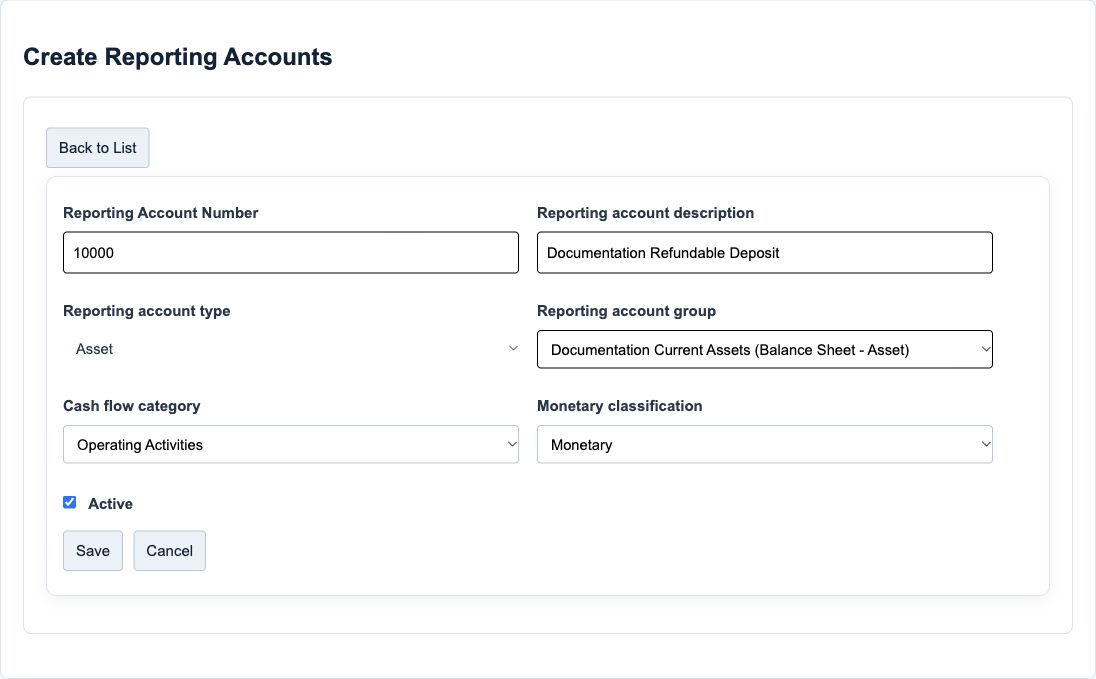 Figure 3. Illustrative training screen: an existing deposit account, generated number and locked account type. The heading says Create Reporting Accounts even when editing; confirm the record identity.