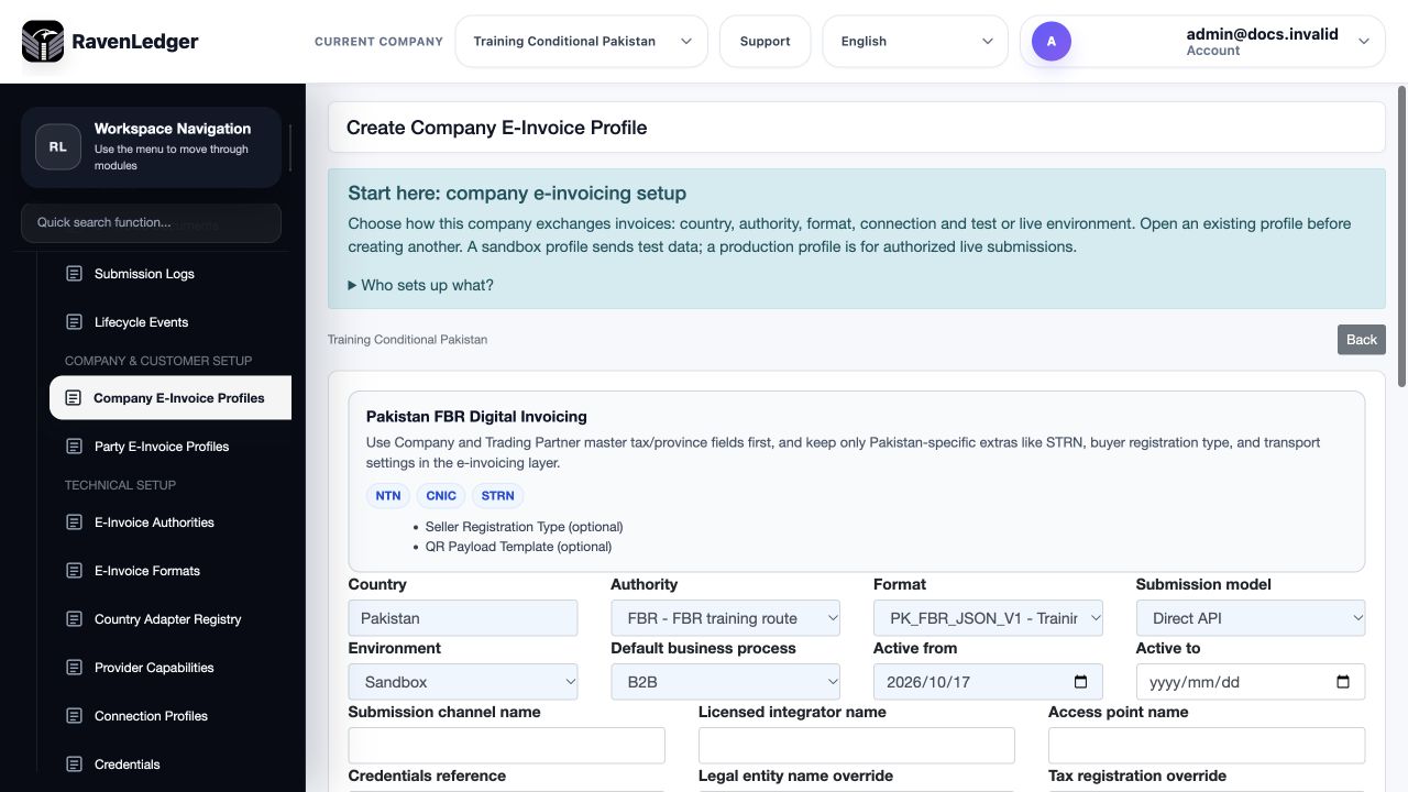 Pakistan company e-invoice profile showing the FBR route and Sandbox environment