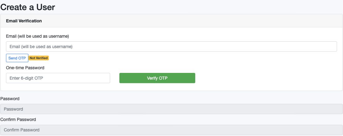 Figure 1. Blank Create User screen: Email and One-time Password in the Not Verified state.