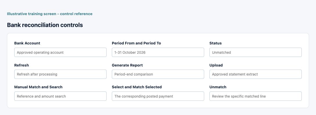 Illustrative training screen: Bank reconciliation controls