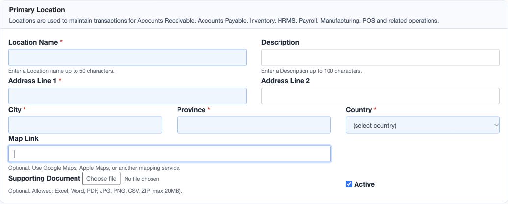 Figure 3. All ten primary-location fields, including Map Link, Supporting Document and Active, before saving.