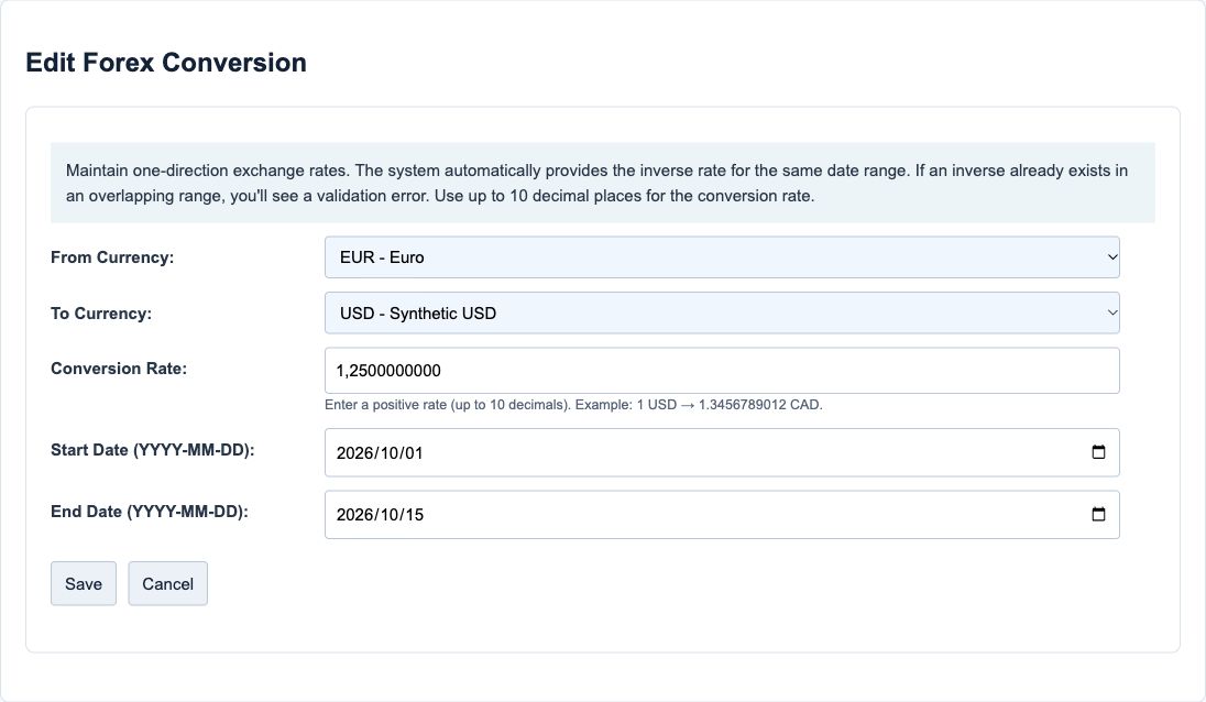 Actual Forex Conversion edit form with a synthetic EUR to USD rate