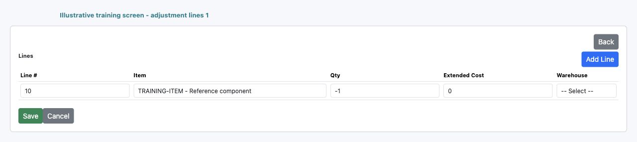 Illustrative training screen: Inventory adjustment line grid